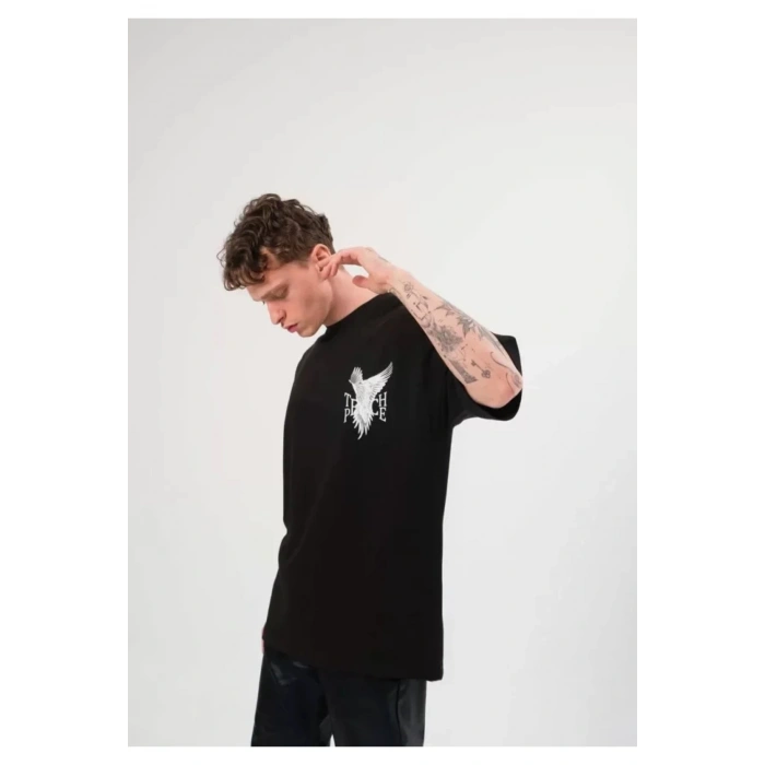 Unisex Bisiklet Yaka Baskılı Oversize T-Shirt - Siyah