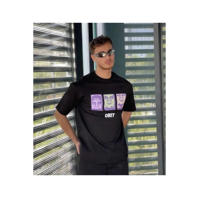 Unisex Bisiklet Yaka Baskılı Oversize T-Shirt - Siyah