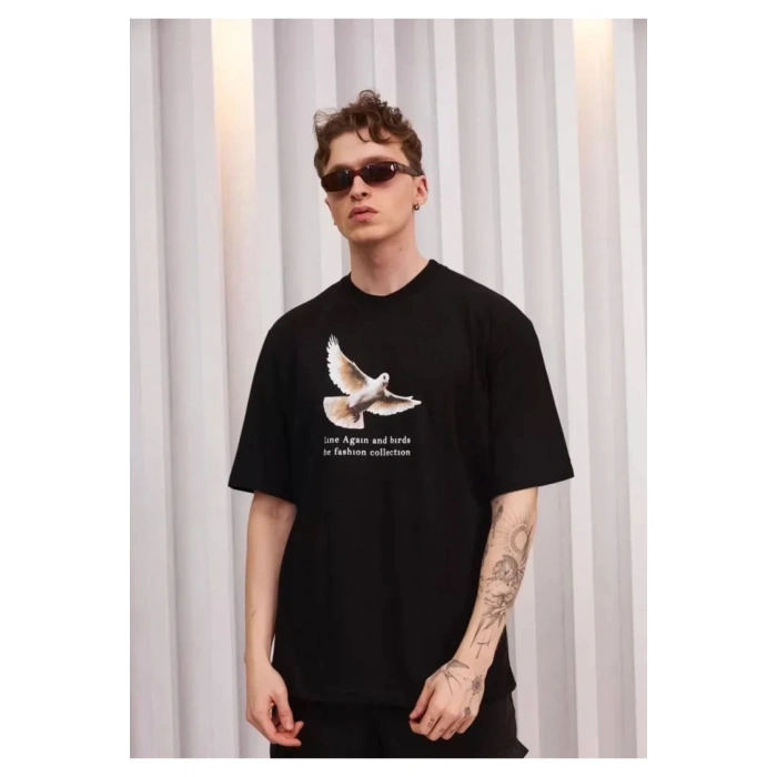 Unisex Bisiklet Yaka Baskılı Oversize T-Shirt - Siyah