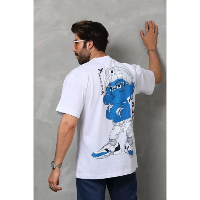 Unisex Bisiklet Yaka Baskılı Oversize T-Shirt - Beyaz