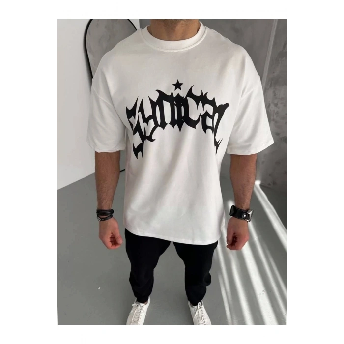 Unisex Bisiklet Yaka Baskılı Oversize T-Shirt - Beyaz