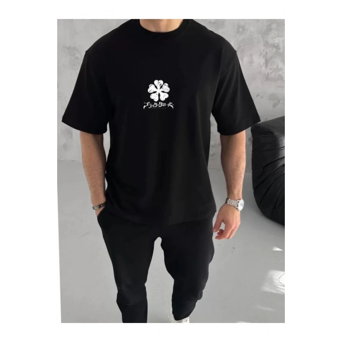Unisex Bisiklet Yaka Baskılı Oversize T-Shirt - Siyah