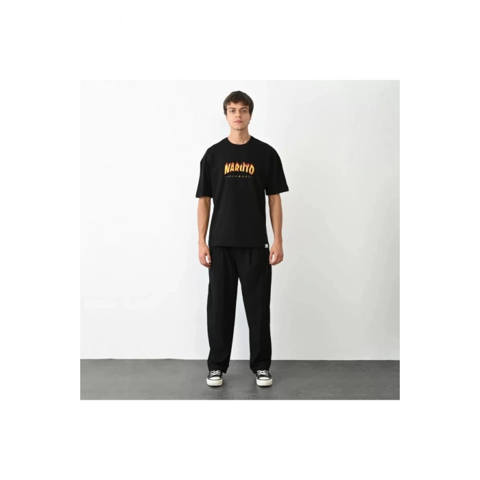 Unisex Bisiklet Yaka Baskılı Oversize T-Shirt - Siyah