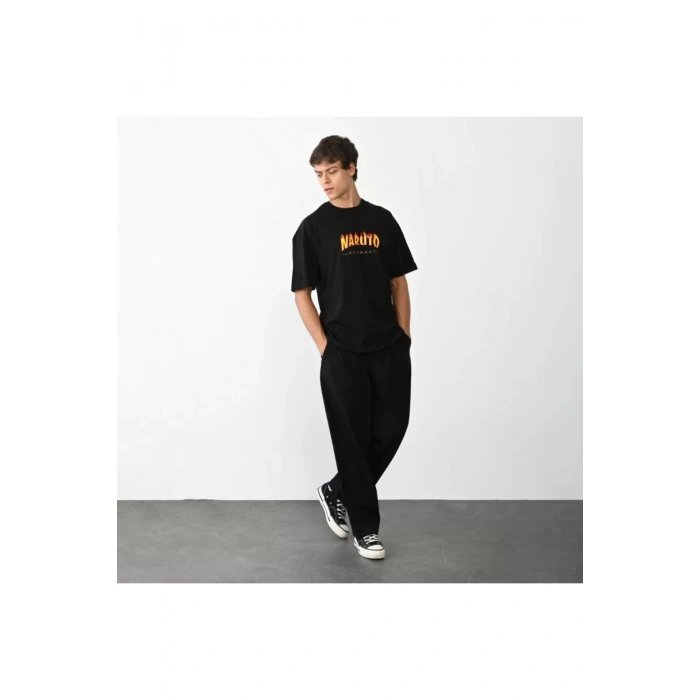 Unisex Bisiklet Yaka Baskılı Oversize T-Shirt - Siyah