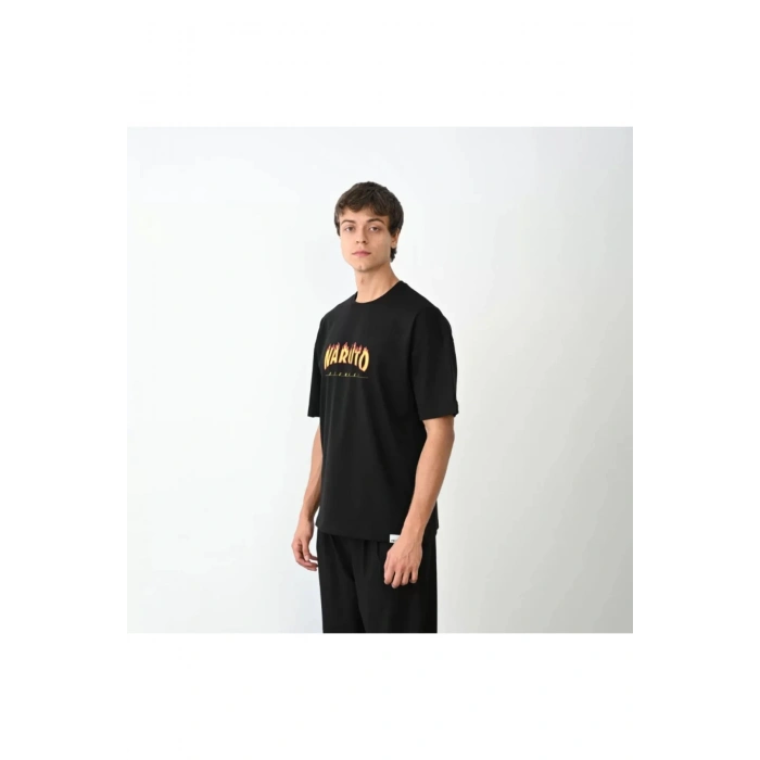 Unisex Bisiklet Yaka Baskılı Oversize T-Shirt - Siyah