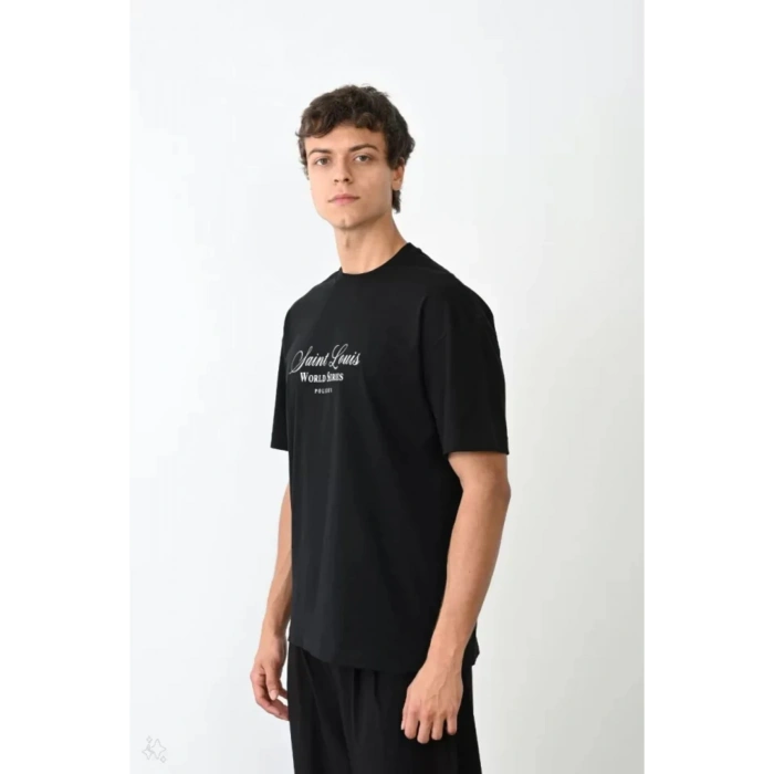 Unisex Bisiklet Yaka Baskılı Oversize T-Shirt - Siyah