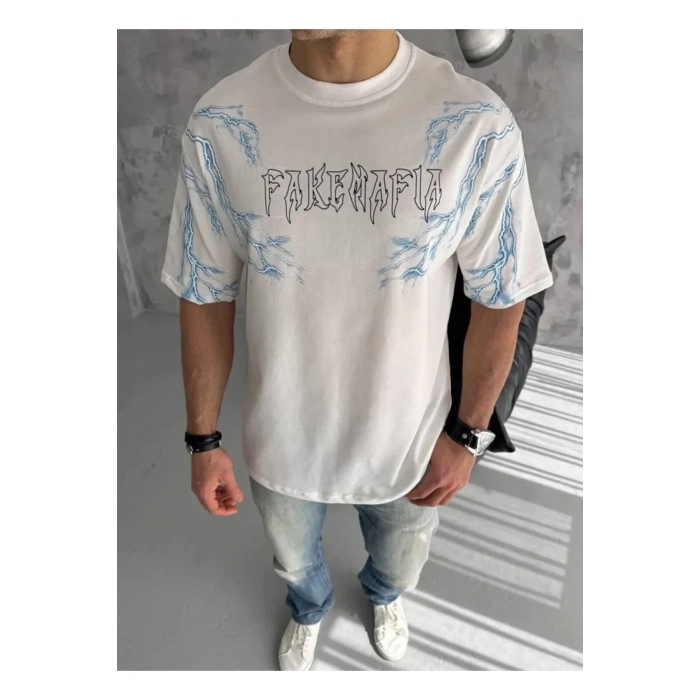 EMH store Unisex Bisiklet Yaka Baskılı Oversize T-Shirt - Beyaz