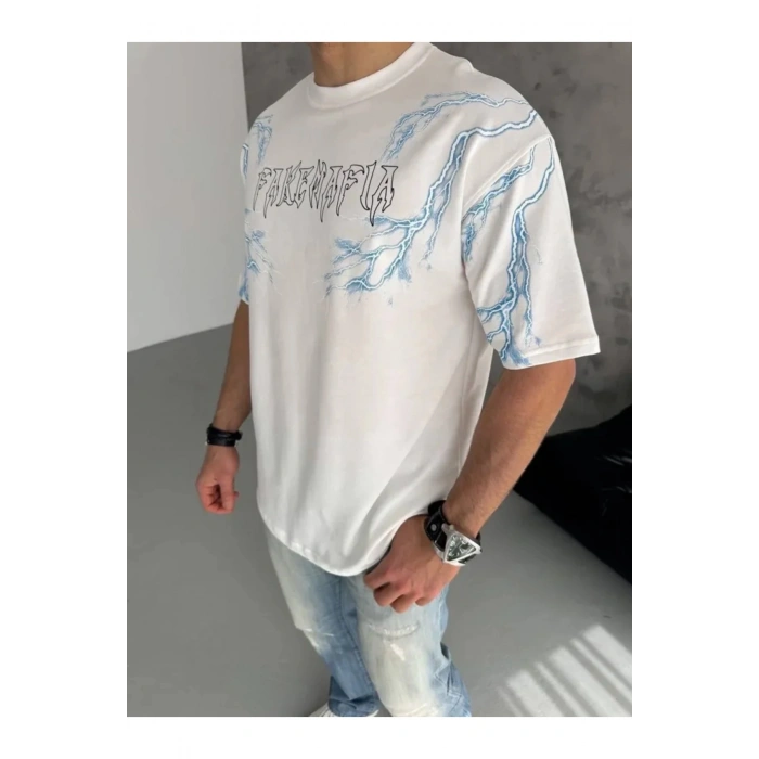 EMH store Unisex Bisiklet Yaka Baskılı Oversize T-Shirt - Beyaz