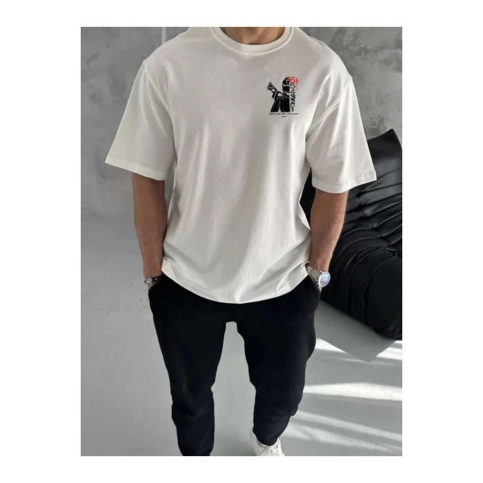 Unisex Bisiklet Yaka Baskılı Oversize T-Shirt - Beyaz