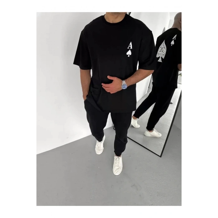 Unisex Bisiklet Yaka Baskılı Oversize T-Shirt - Siyah