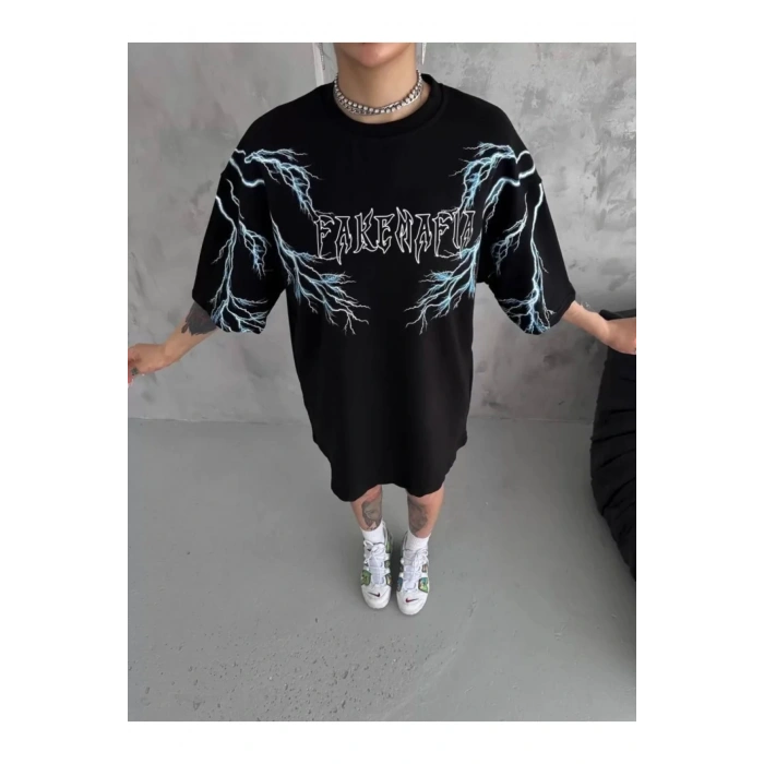 Unisex Bisiklet Yaka Baskılı Oversize T-Shirt - Siyah