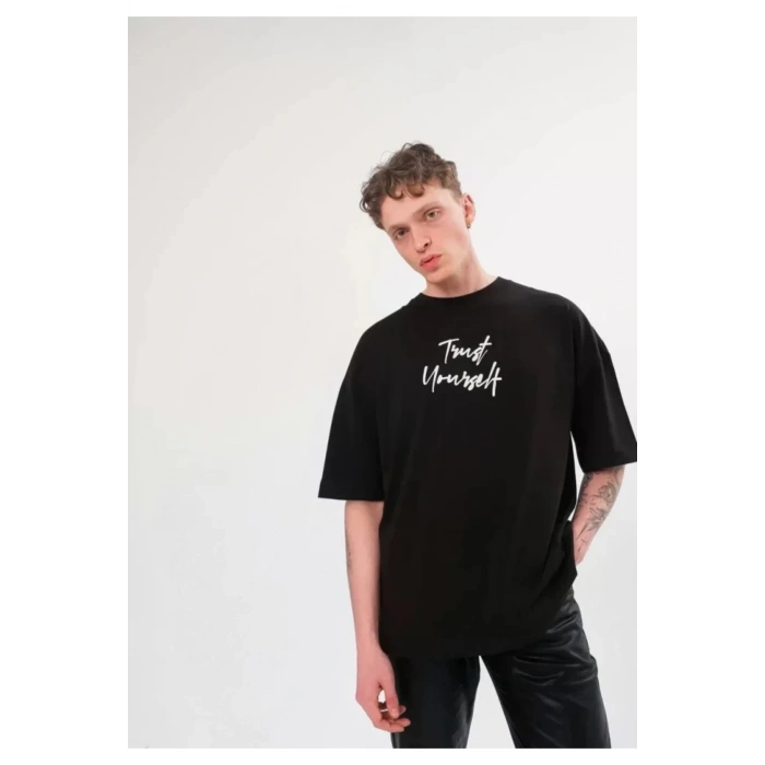 Unisex Bisiklet Yaka Baskılı Oversize T-Shirt - Siyah