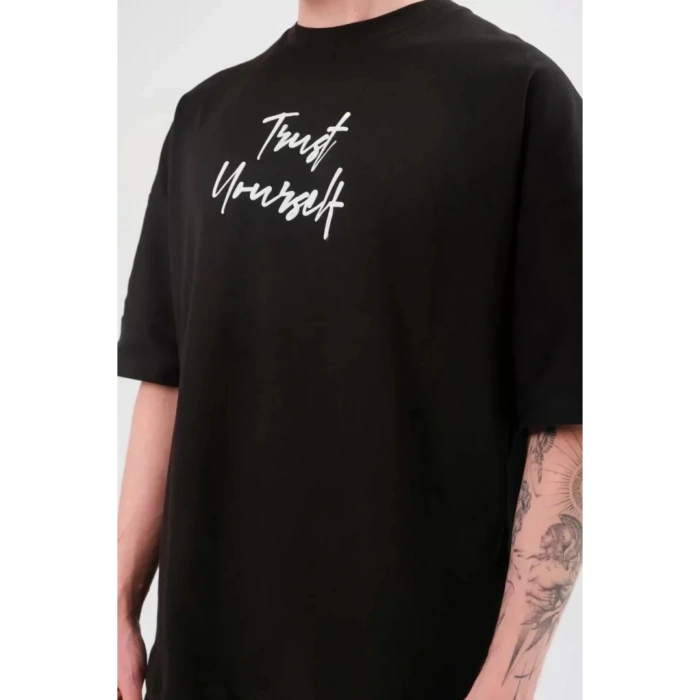 Unisex Bisiklet Yaka Baskılı Oversize T-Shirt - Siyah