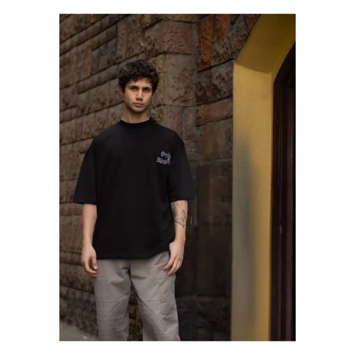 Unisex Bisiklet Yaka Baskılı Oversize T-Shirt - Siyah