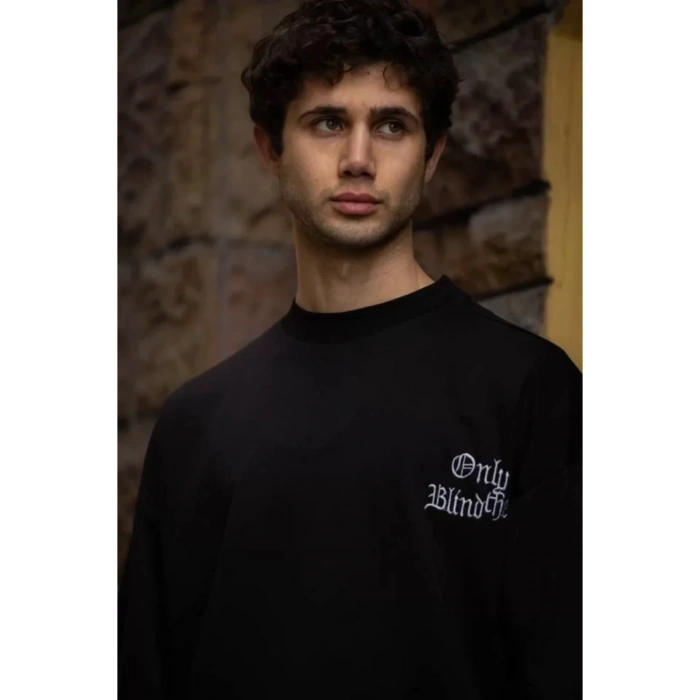 Unisex Bisiklet Yaka Baskılı Oversize T-Shirt - Siyah
