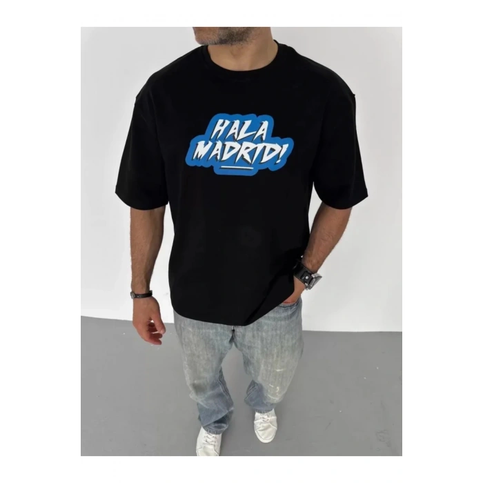 Unisex Bisiklet Yaka Baskılı Oversize T-Shirt - Siyah