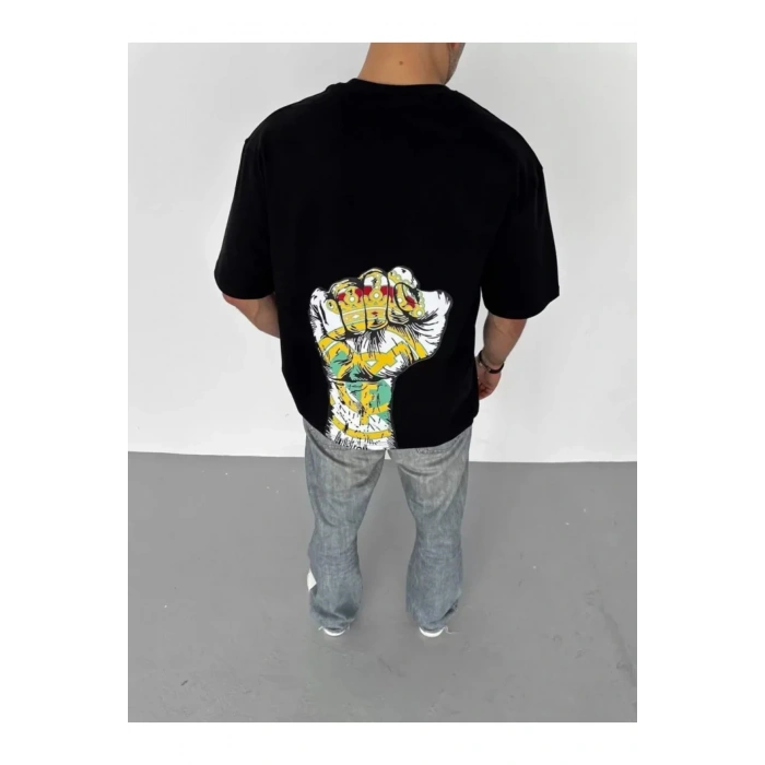 Unisex Bisiklet Yaka Baskılı Oversize T-Shirt - Siyah