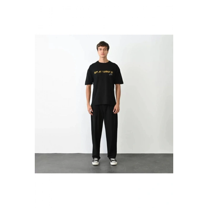 Unisex Bisiklet Yaka Baskılı Oversize T-Shirt - Siyah