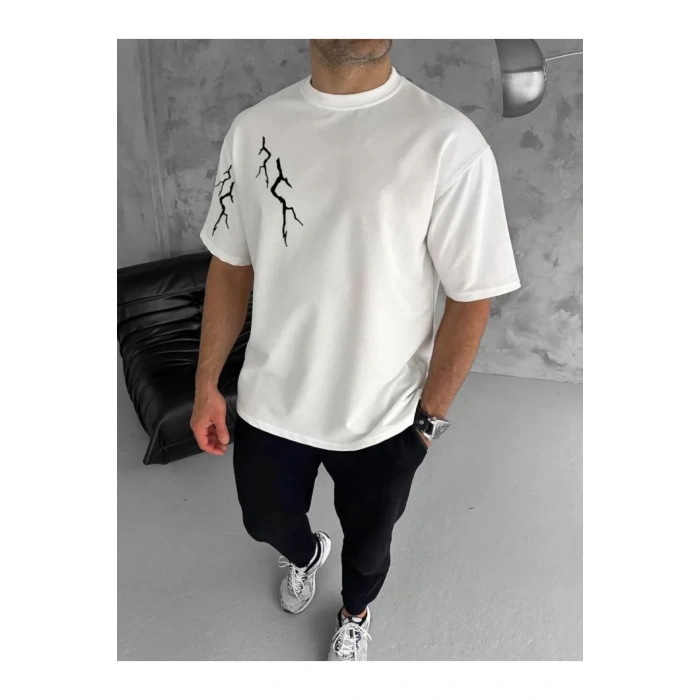 Unisex Bisiklet Yaka Baskılı Oversize T-Shirt - Beyaz