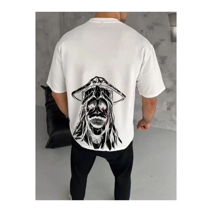 Unisex Bisiklet Yaka Baskılı Oversize T-Shirt - Beyaz