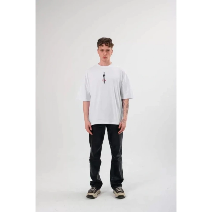 Gökyüzü Moda Unisex Bisiklet Yaka Baskılı Oversize T-Shirt - Beyaz