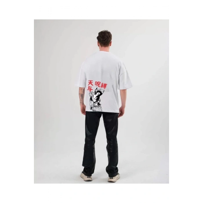 Gökyüzü Moda Unisex Bisiklet Yaka Baskılı Oversize T-Shirt - Beyaz