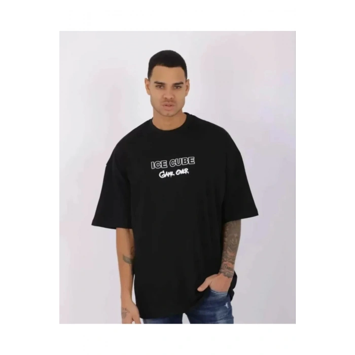 Unisex Bisiklet Yaka Baskılı Oversize T-Shirt - Siyah