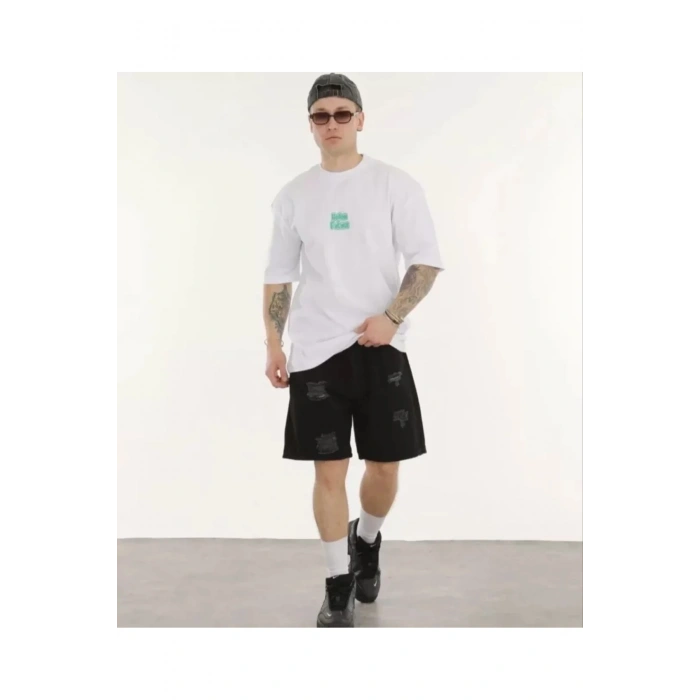 Unisex Bisiklet Yaka Baskılı Oversize T-Shirt - Beyaz