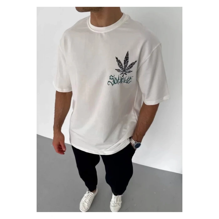 Unisex Bisiklet Yaka Baskılı Oversize T-Shirt - Beyaz
