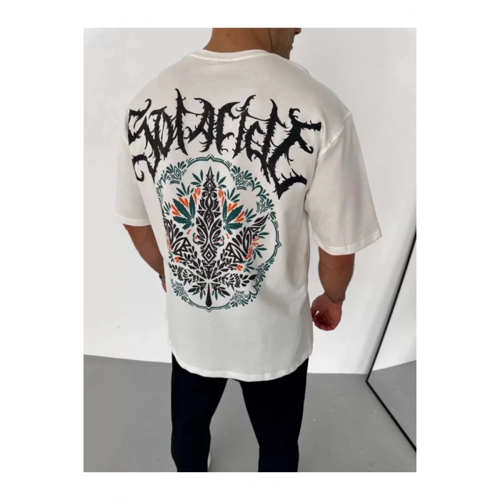 Unisex Bisiklet Yaka Baskılı Oversize T-Shirt - Beyaz