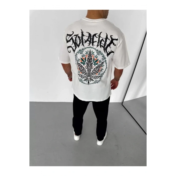 Unisex Bisiklet Yaka Baskılı Oversize T-Shirt - Beyaz