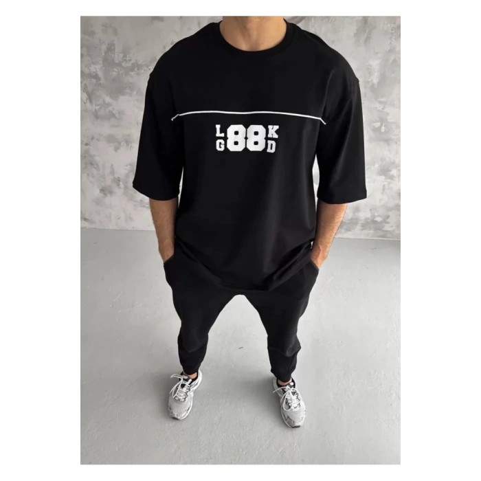 Unisex Bisiklet Yaka Baskılı Oversize T-Shirt - Siyah