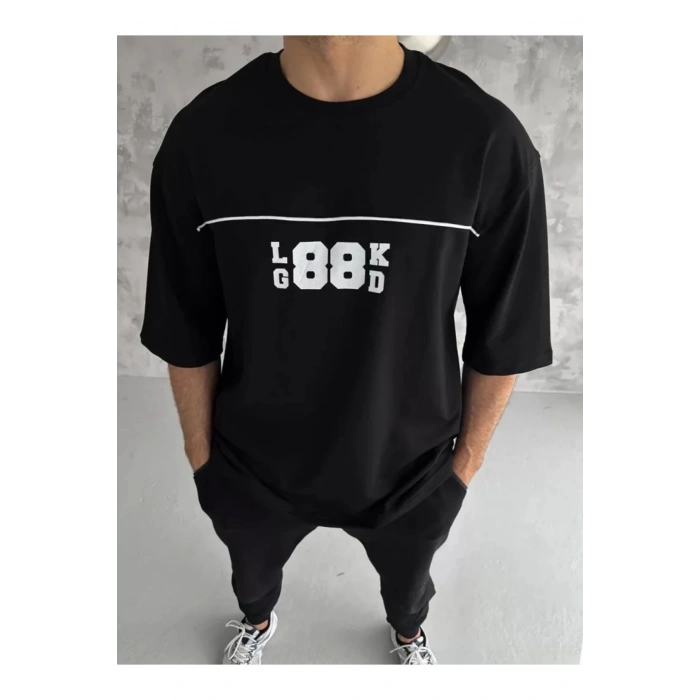 Unisex Bisiklet Yaka Baskılı Oversize T-Shirt - Siyah