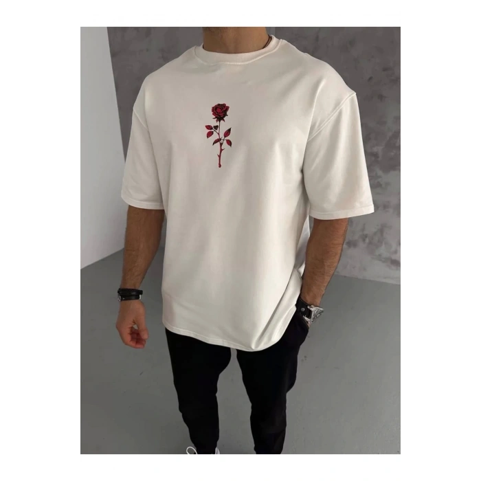 ERKEK Bisiklet Yaka Baskılı Oversize Kısa kol T-Shirt - Beyaz