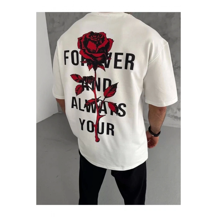ERKEK Bisiklet Yaka Baskılı Oversize Kısa kol T-Shirt - Beyaz