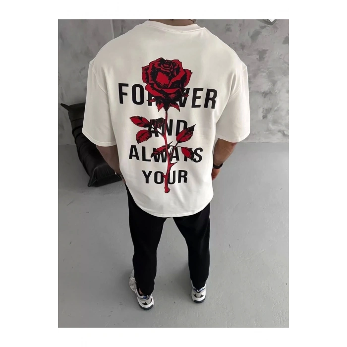 ERKEK Bisiklet Yaka Baskılı Oversize Kısa kol T-Shirt - Beyaz