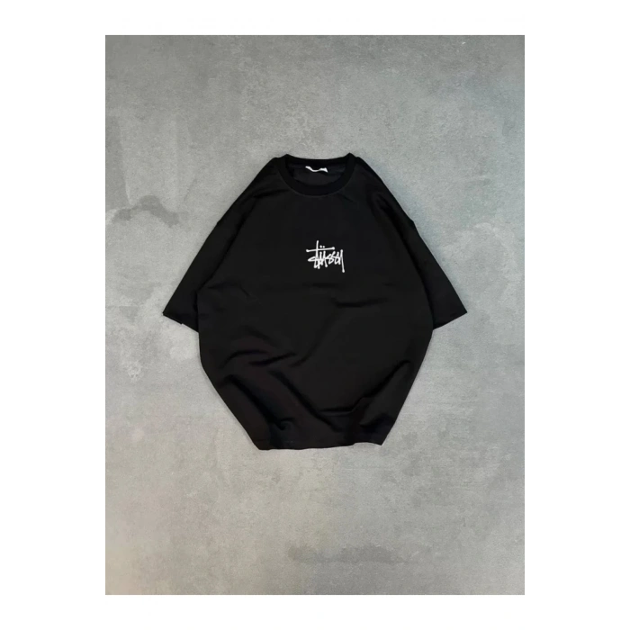 Unisex Bisiklet Yaka Baskılı Oversize T-Shirt - Siyah