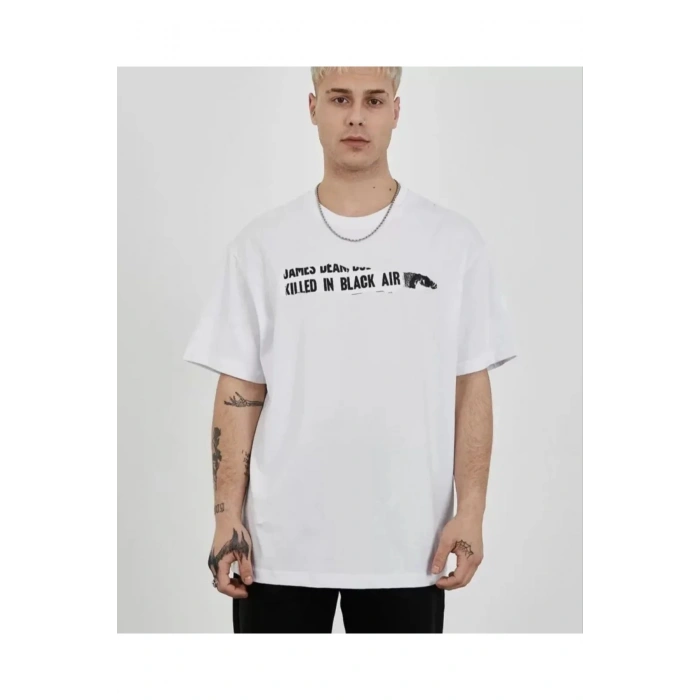 Unisex Bisiklet Yaka Baskılı Oversize T-Shirt - Beyaz