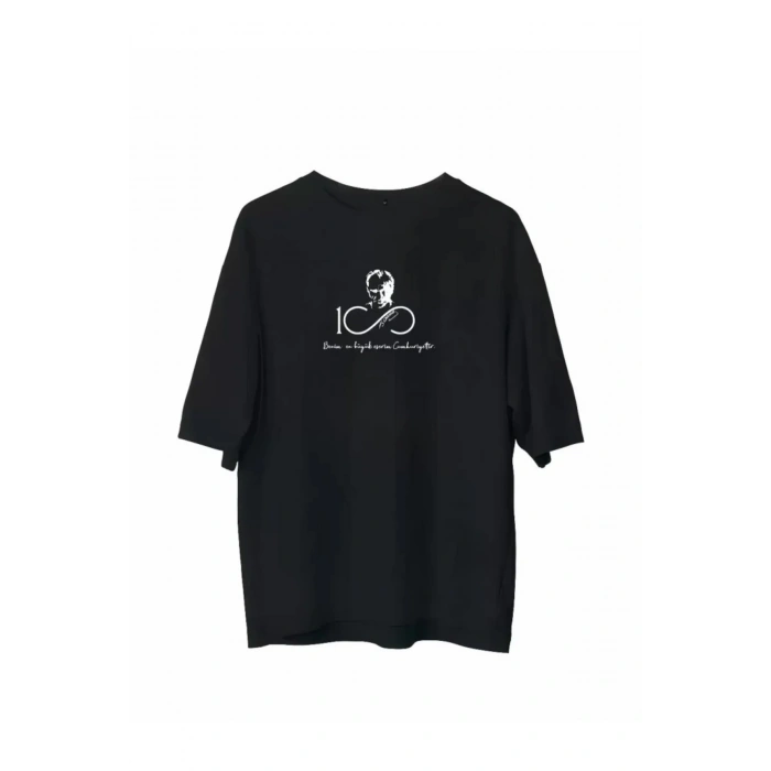 Unisex Bisiklet Yaka Baskılı Oversize T-Shirt - Siyah