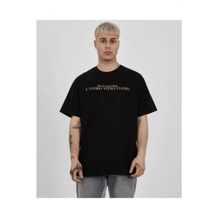 Unisex Bisiklet Yaka Baskılı Oversize T-Shirt - Siyah