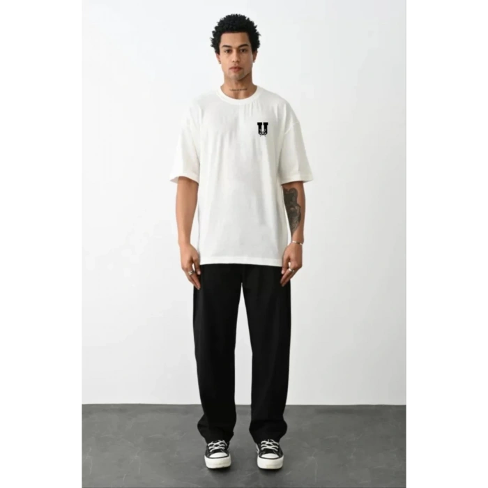 İpeksi Unisex Bisiklet Yaka Baskılı Oversize T-shirt - Beyaz