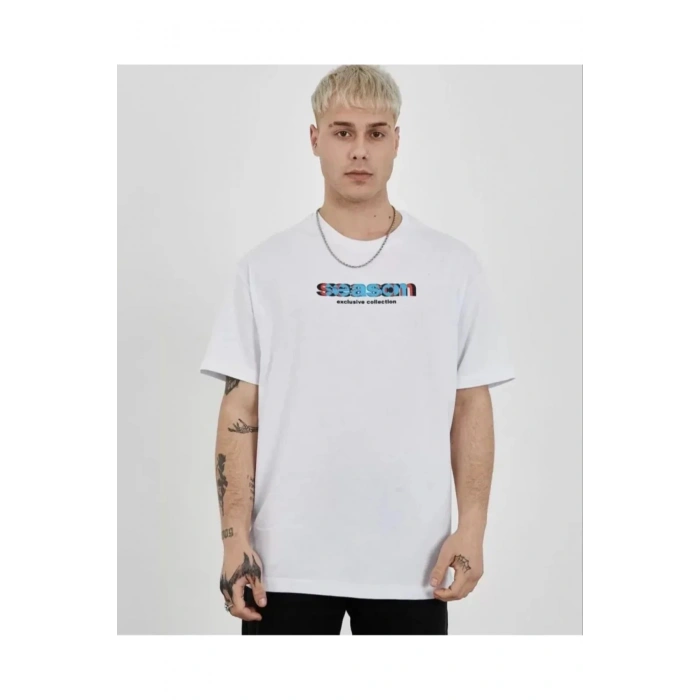 Unisex Bisiklet Yaka Baskılı Oversize T-Shirt - Beyaz