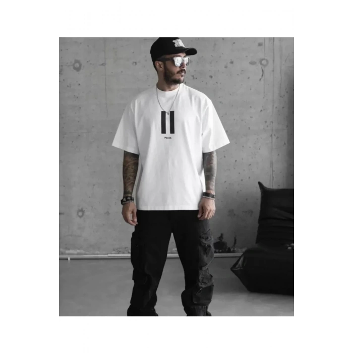 Unisex Bisiklet Yaka Baskılı Oversize T-Shirt - Beyaz