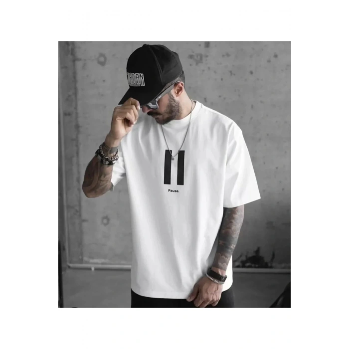 Unisex Bisiklet Yaka Baskılı Oversize T-Shirt - Beyaz