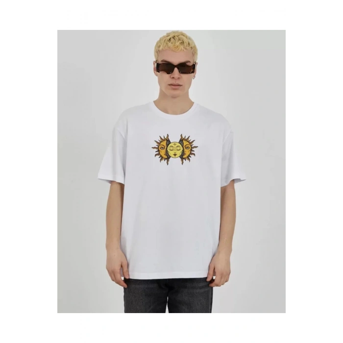 Unisex Bisiklet Yaka Baskılı Oversize T-Shirt - Beyaz