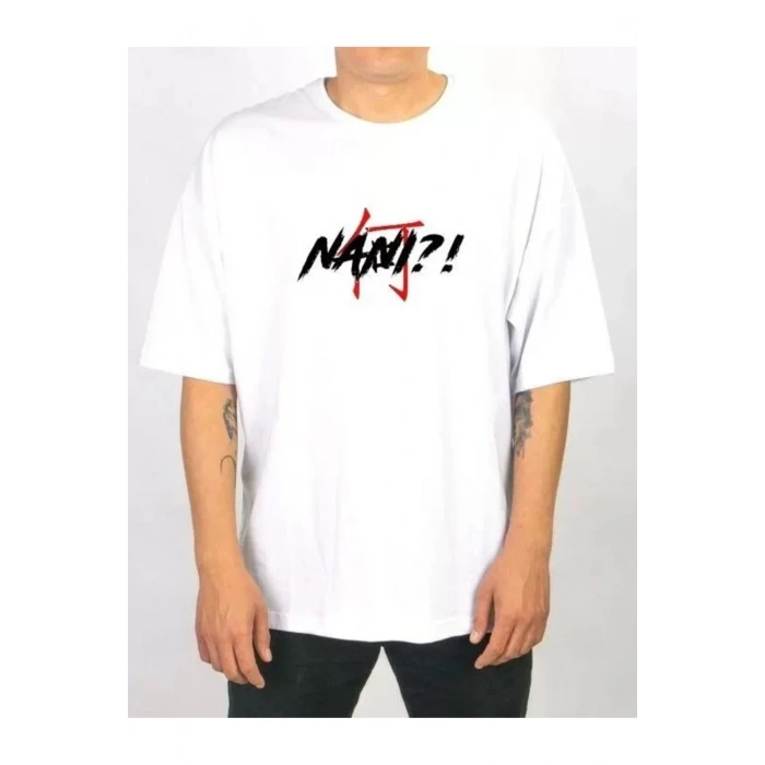 Unisex Bisiklet Yaka Baskılı Oversize T-Shirt - Beyaz