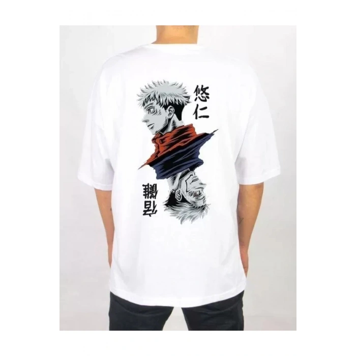 Unisex Bisiklet Yaka Baskılı Oversize T-Shirt - Beyaz