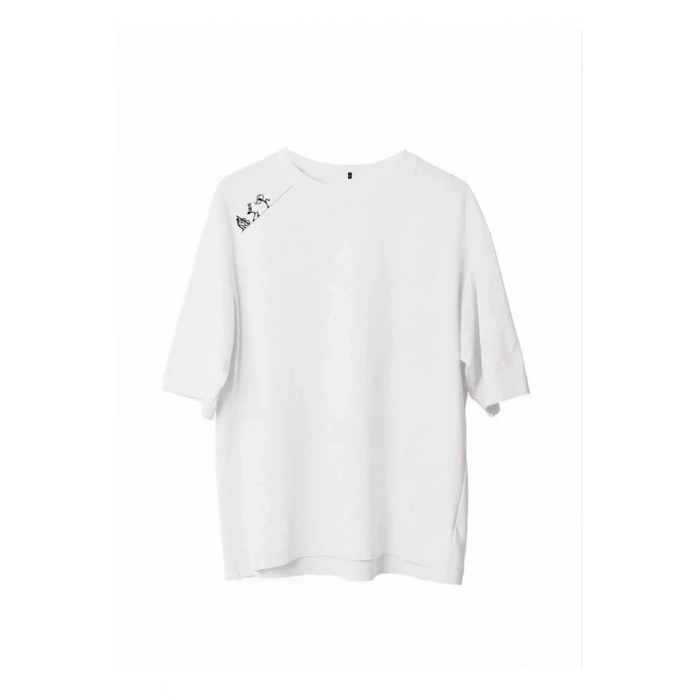 Unisex Bisiklet Yaka Baskılı Oversize T-Shirt - Beyaz