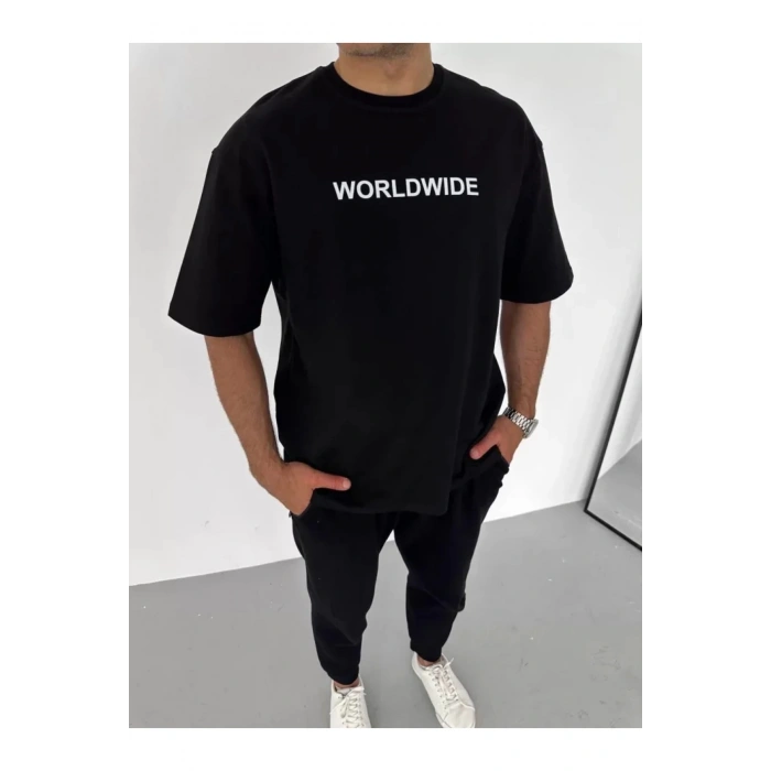 Unisex Bisiklet Yaka Baskılı Oversize T-Shirt - Siyah