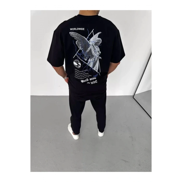 Unisex Bisiklet Yaka Baskılı Oversize T-Shirt - Siyah